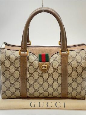 Gucci Beige Brown GG Canvas Top-Handle Satchel with Green-Red Web